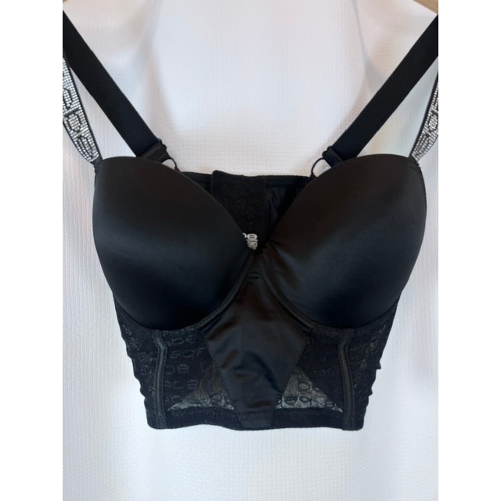 Bebe Rhinestone Logo Strap Bustier Bra Womens Size 38C Black Corset Y2K Top
